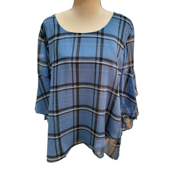 Style & Co Sz L Blue Mod Plaid Crossover Top New - Picture 2 of 7